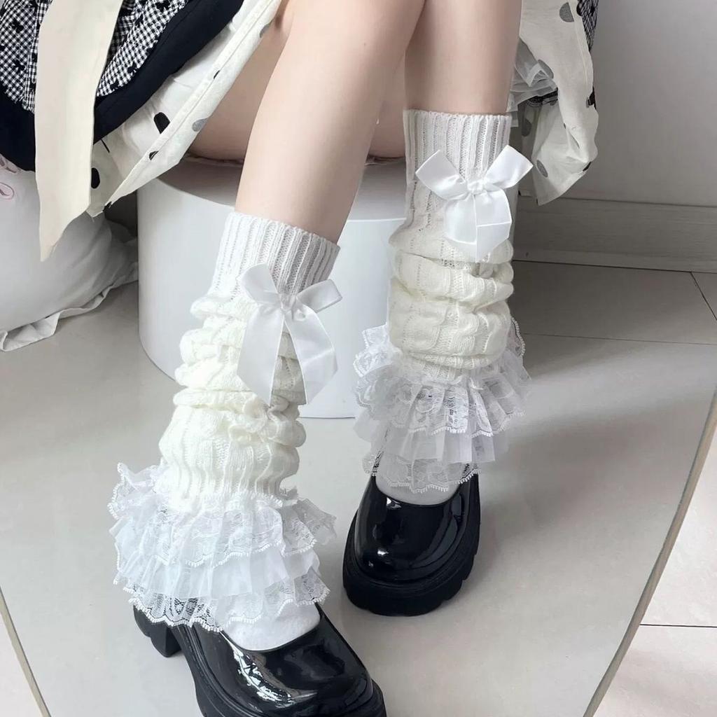 Ruffle Lace Woman Leg Warmers Cable Knit Socks Cute New Japanese Lolita Sweet Girl Foot Cover Calf Socks Boot Cuffs Slouch Socks
