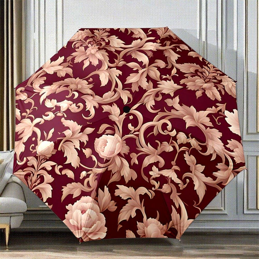 

Automatic Folding Umbrella with Burgundy Floral Design - Portable Collapsible Umbrella, 8-Rib Sturdy Frame, Automatic Open/Clo Iron&8K