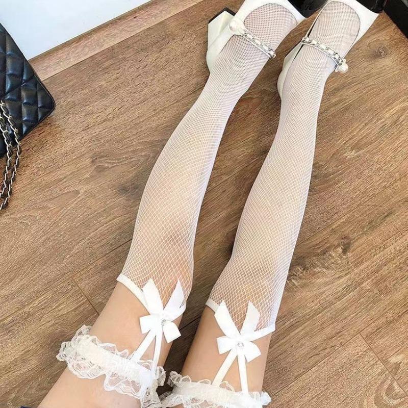 Lace Bowknot Over Knee Stockings Women Sweet Summer Lolita JK Fishnet Thigh High Socks Girls Japanese Mesh Pantyhose