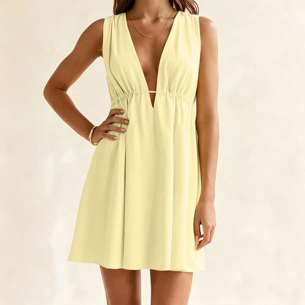 Women's Sleeveless Dress V Neck Waist Cinched Backless Tie Detail Casual Summer Mini Dress