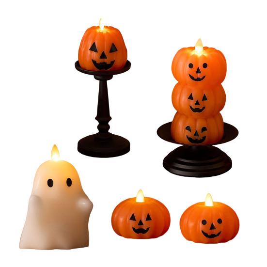 Halloween Flameless Candle Stacked Jack-O'-Lantern LED Candle Light-up Pumpkin Ghost Candle Lamp for Mantel Shelf Dining Table