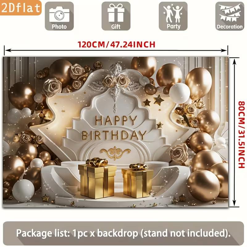 2D Gold Balloon Birthday Backdrop, Elegant White Gold Party Background Banner