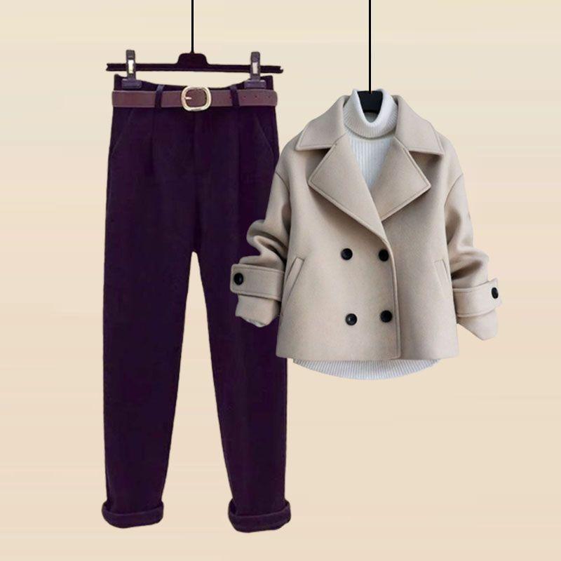 Autumn and Winter Woolen Coat + Turtleneck Sweater + High Waist Harlan Woolen Pants Three-piece Fashion Suit