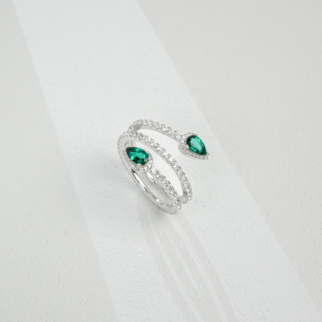 925 Sterling Silver Emerald Snake Wrap Ring with Double Water Drop Design