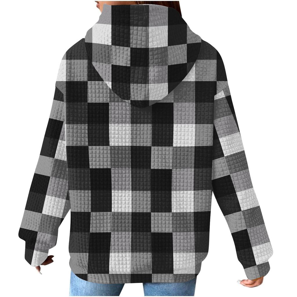 Damenmode Lockerer Kapuzenpullover Langarm Kariertes Sweatshirt mit Kordelzug Überschnittene Schultern und Tasche Print Top