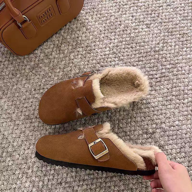 Fashion New Women Slippers Fur Flats Short Plush Mules Shoes Women Fashion Buckle Soft Sole Cotton Shoes Suede Home Warm Slippers Mules