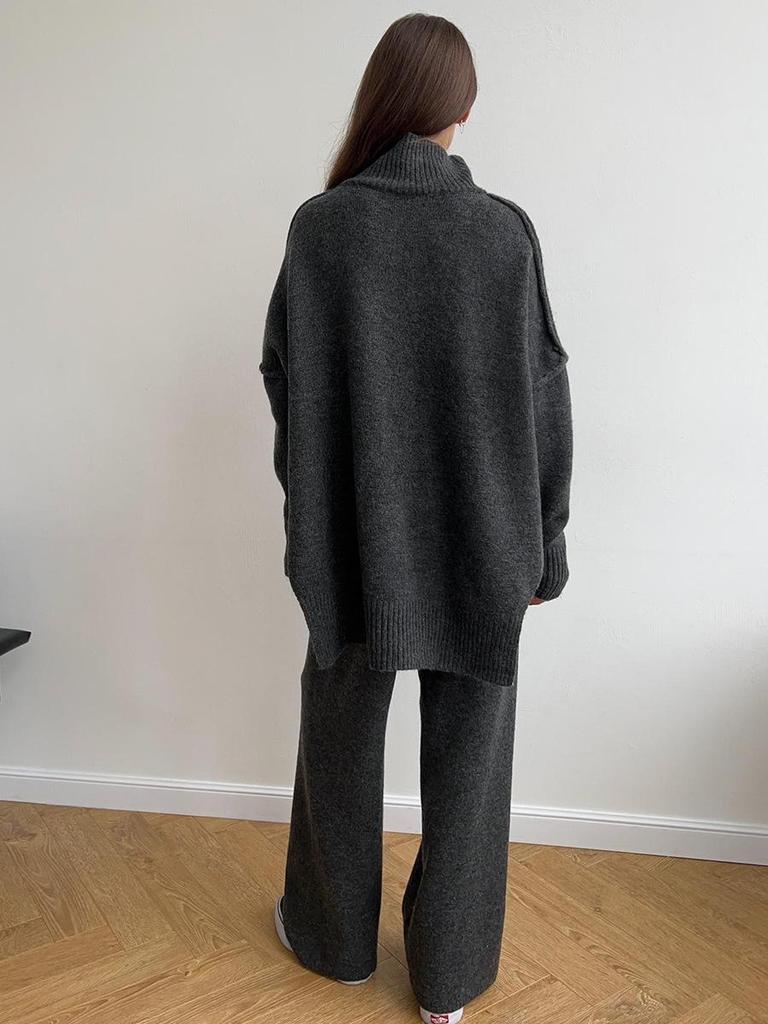 Women's Autumn/Winter High-Neck Sweater and Knit Pants Set - European/American Style, Loose Fit, Thick, Casual