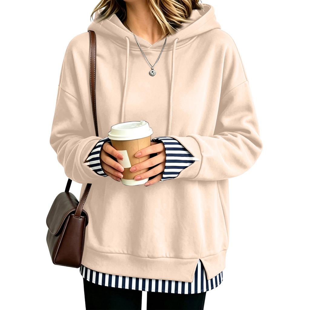 Women's Casual Long Sleeve Sweatshirt with Striped and Plaid Patchwork, Loose Fit, Two-Piece Look