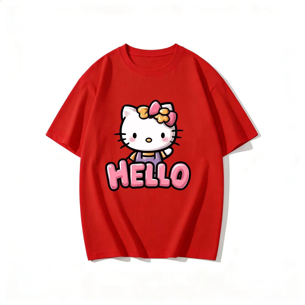 2026 New Summer Cute HelloKitty TShirts Soft Cotton Short Sleeve Tees for Parents Kids Breathable Casual Daily Outfit Tops