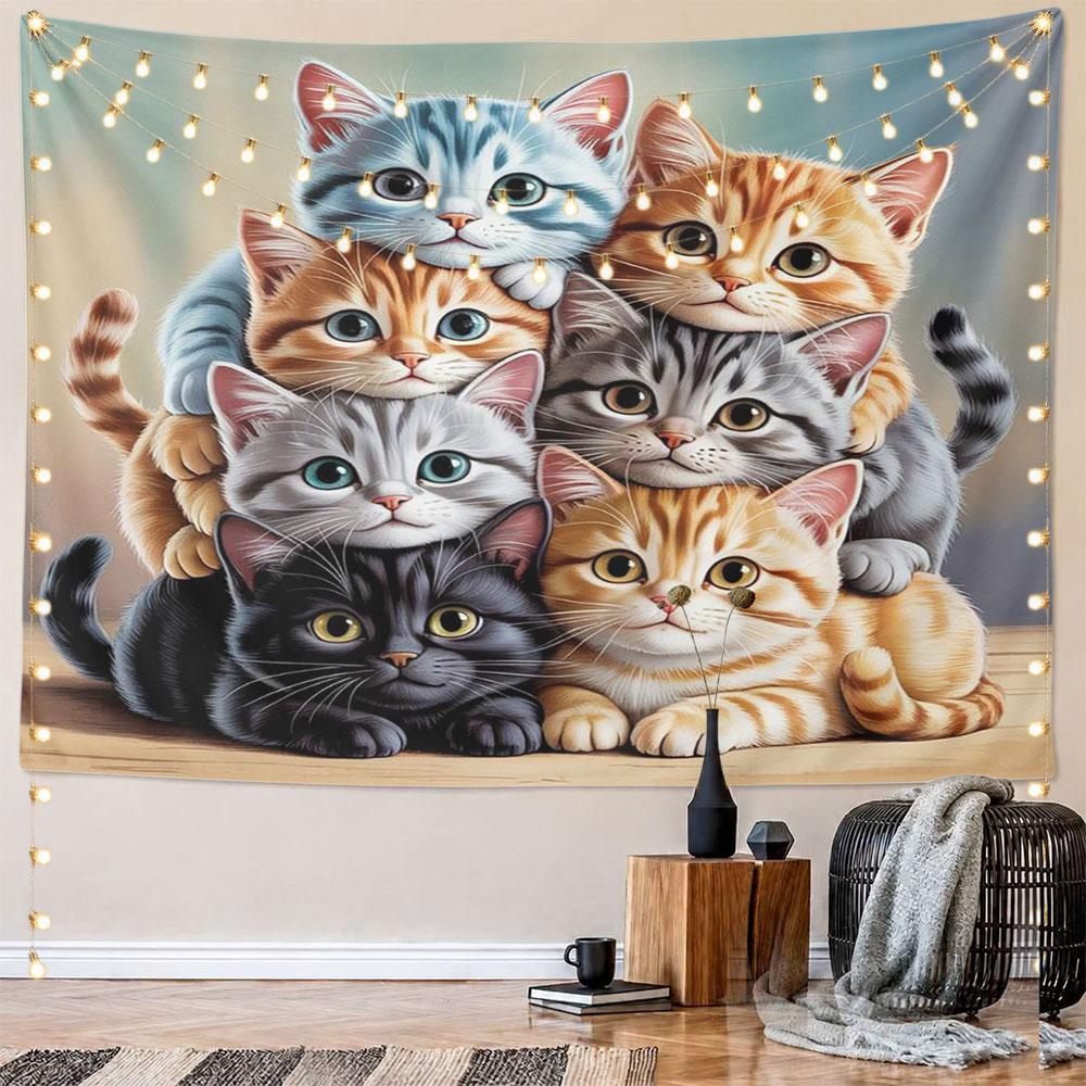Cute Kittens Group Illustration Pattern Wall Hanging Tapestry Decorative Tapestry Home Decor for Bedroom and Living Room