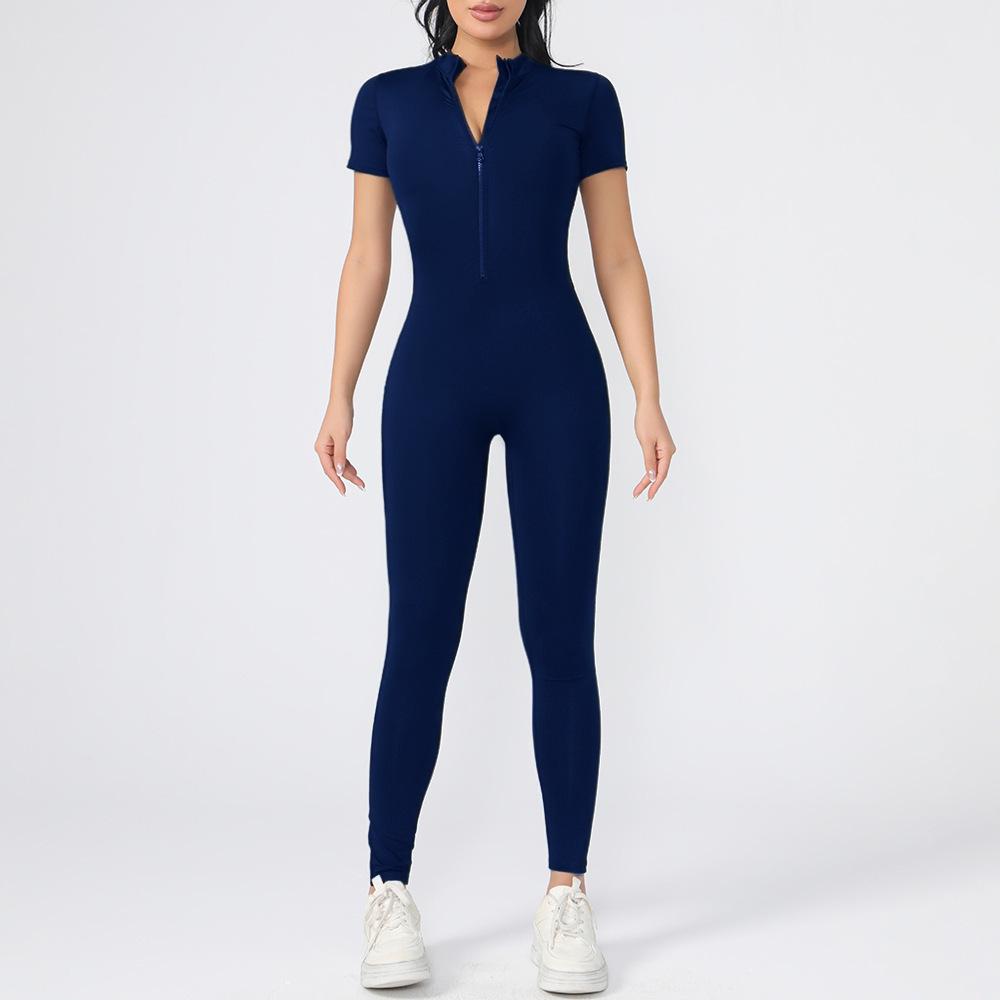 

Solid Color Zipper Bodysuit & High Stretch Yoga Pants Set Medium темно-синий