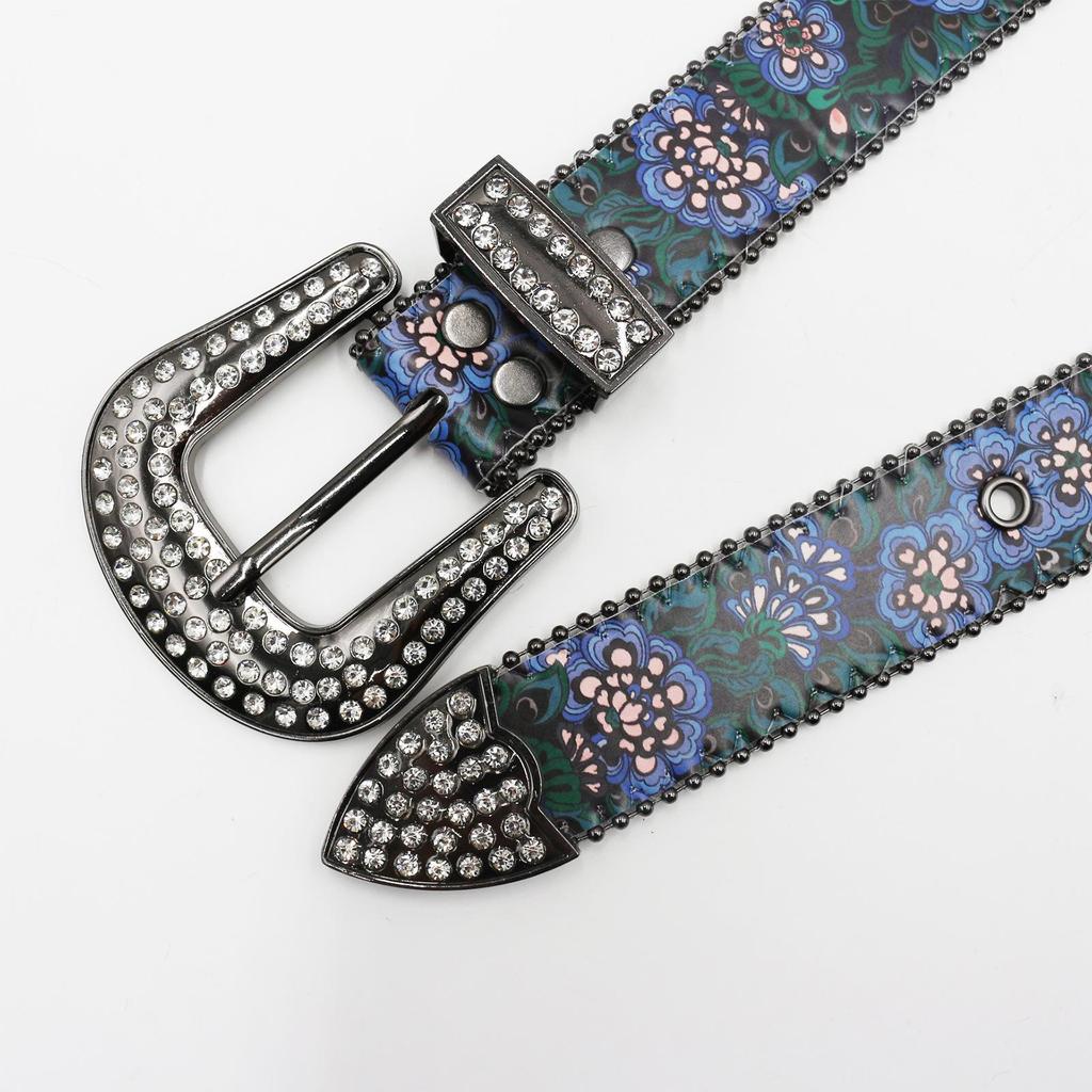 Versatile Women's Rhinestone Belt with Purple & Green Floral Design - Stylish Thin Waist Accessory