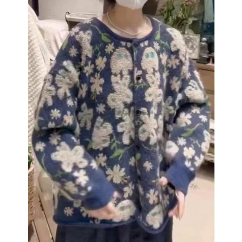 

Осень и зима новый флисовый трехмерный цветок розовый свитер куртка женский ленивый стиль нишевый ретро мягкий восковой вязаный кардиган Average Size