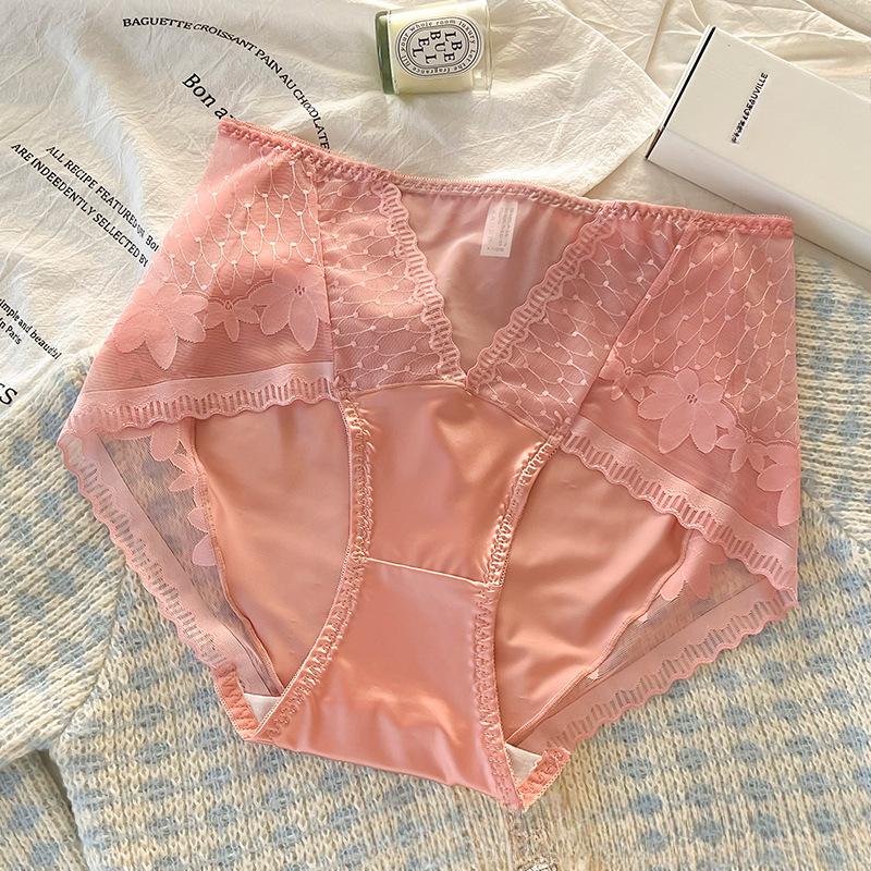 

Plus Size Women Thin Sexy Lace Breathable Soft Hip Lifting Belly Ice Silk Non Trace High Waist Underwear One Size розовый