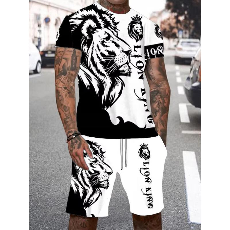 Summer Men Short Sleeve+ Shorts 2PCS Set Cool The Lion King 3D Print Kid T-Shirt +Drawstring Short Set Men's Set Clothing