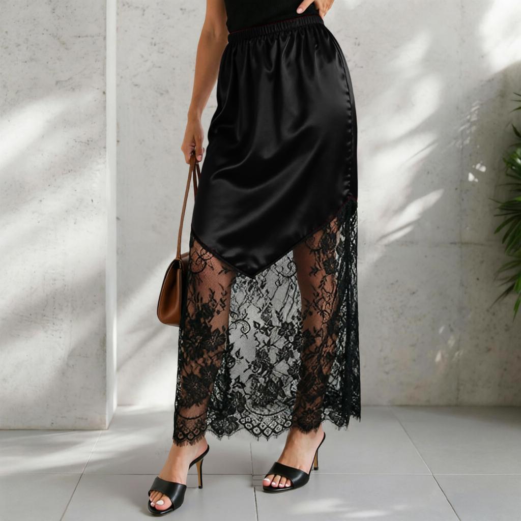 Women's Lace Maxi Skirt with Satin A-Line and High Elastic Waist for Daily Wear