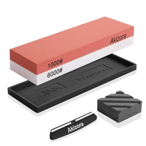 Akizora Knife Sharpening Stone, 1000mm and 6000mm, Double-Sided Whetstone Set with Surface Adjuster, Fixed Angle Holder, and Strong Non-Slip Rubber, I
