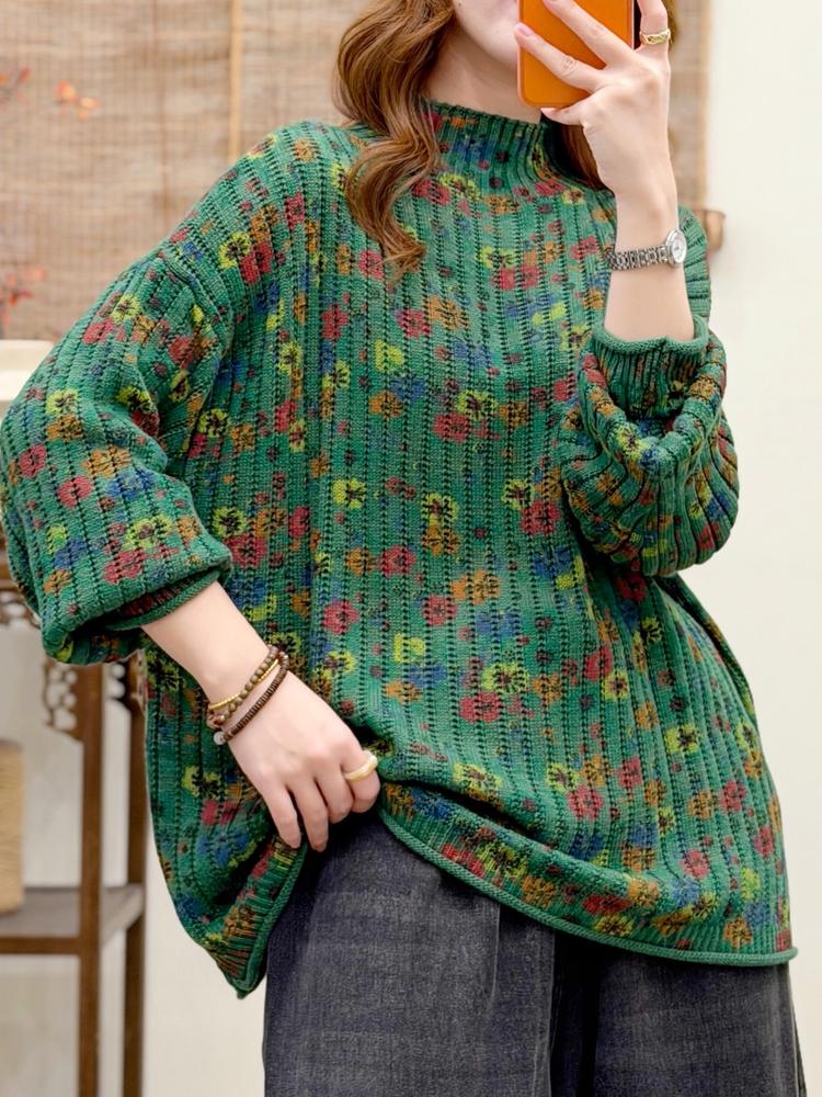 Women's Plus Size Floral High Neck Sweater - Autumn/Winter 2025 Relaxed Fit