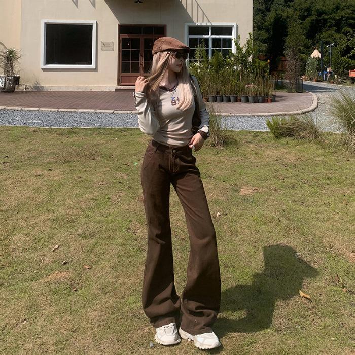 American retro low-rise brown flared pants slim-fitting and thin autumn and winter jeans women's & trousers extended