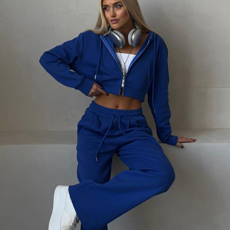 Casual Sport Tracksuit Women Hooded Two Pieces Set Sweatshirts Zipper Solid High Waist Pockets Pants Suit Outwear Autumn