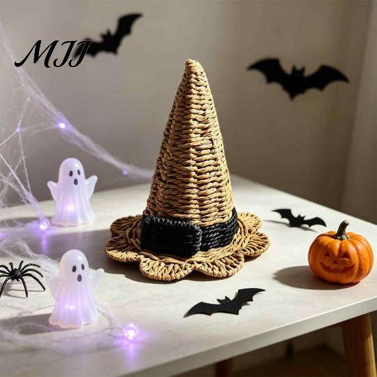 Fantasy Aesthetic Home Decor Handwoven Witch Hat, Gothic Wizard Costume Headpiece for Halloween Vintage Style Photography Props Party, Spooky Tabletop