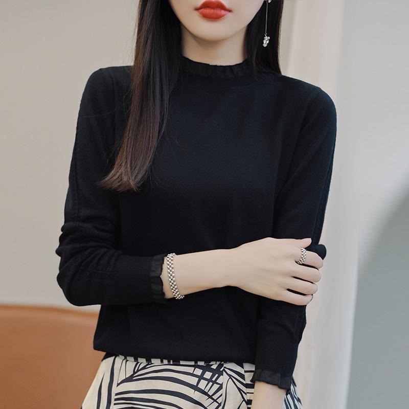 Women's 2023 Lace Collar Wool Sweater, Patchwork Knit Base Layer, Solid Color Autumn/Winter Fashion.