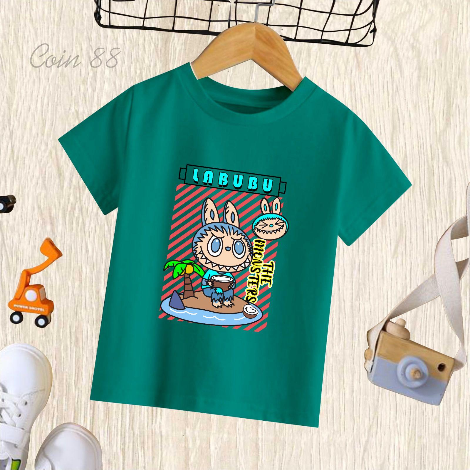 

Популярная детская футболка 2025 года с принтом кокосовой пальмы LABUBU, мультяшный стиль, круглый вырез, короткий рукав, милый топ для девочки 100
