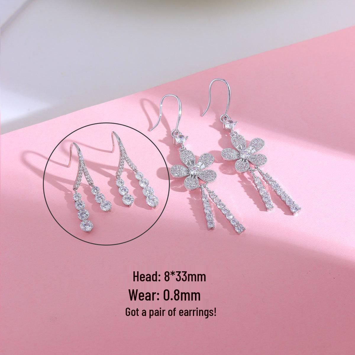 Luxurious Copper Gold-Plated Zirconia Flower Tassel Earrings Real Gold Plating, Long-lasting Color