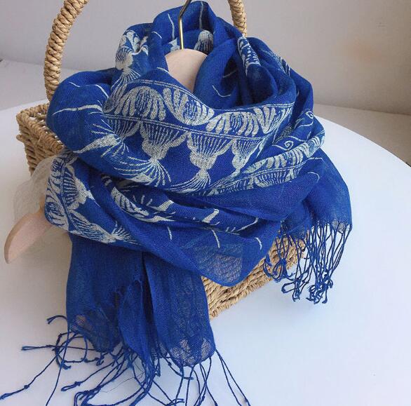 60x185CM Spring And Autumn Thin Retro Blue Tie Dyed Scarf Breathable Peacock And Butterfly Design Thin Linen Scarves For Lady