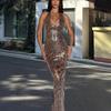 Womens Sequin Leopard Print Bodycon Dress Halter Neck Sleeveless Slim Fit Fashion Party Wear