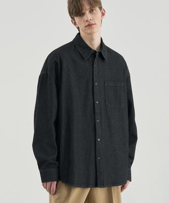 DRAW FIT Oversized Indigo Washed Denim Shirt [Black]