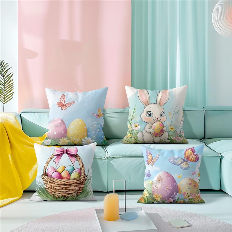 1Pc Easter Day Cushion Cover Spring Pattern Eggs Rabbit Pillow Cover Easter Pillowcase Home Decor Throw Pillow Case 45X45Cm