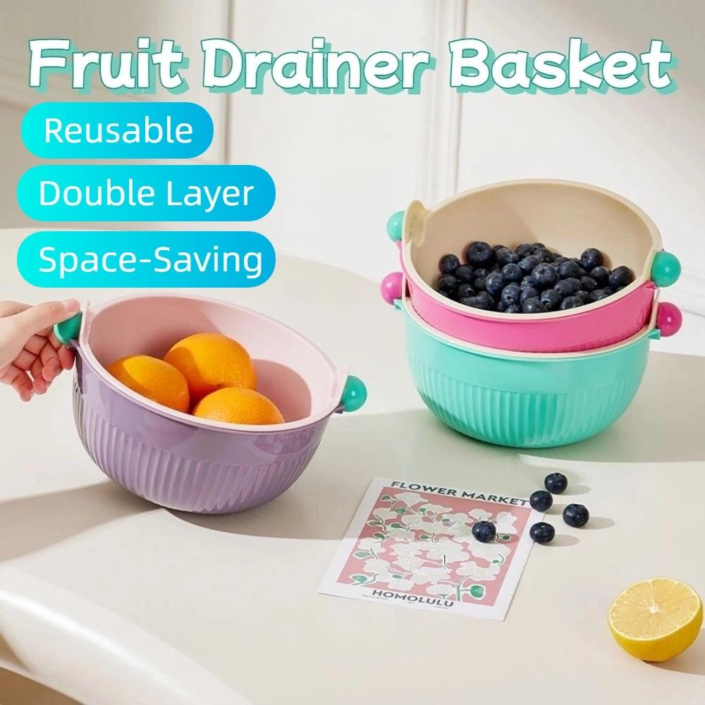 Double Layer Fruit Drainer Basket Set Round Washing Bowl Vegetable Washing Basin  Fruit Strainer