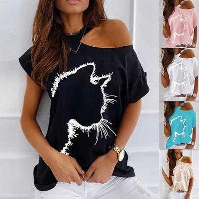 Women's Fashion Cat Print Tees Camisole Off Shoulder T-shirt Summer Ladies Plus Size Short Sleeve Blouse Top