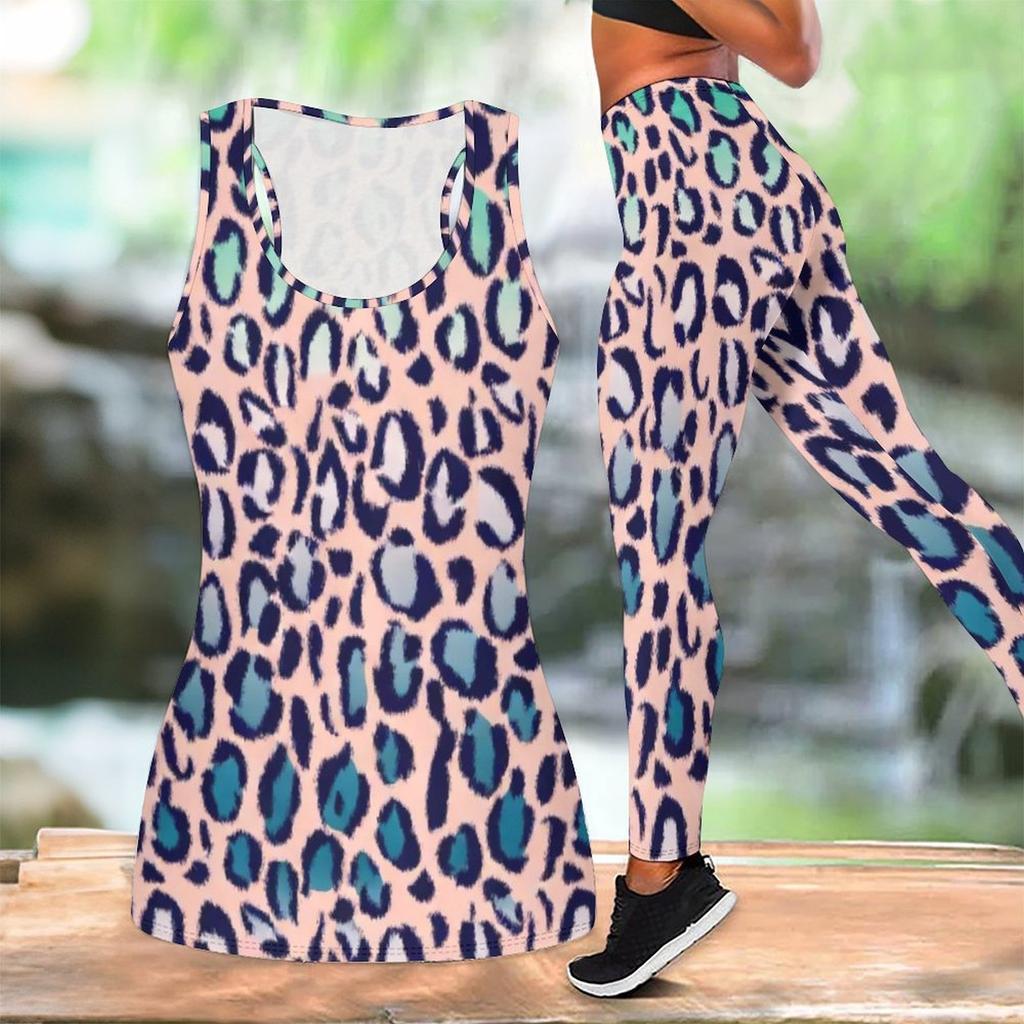 Leopard Print Yoga Outfit for Women Fashion Workout Leggings Fitness Sports Casual Yoga Set Sports Suit
