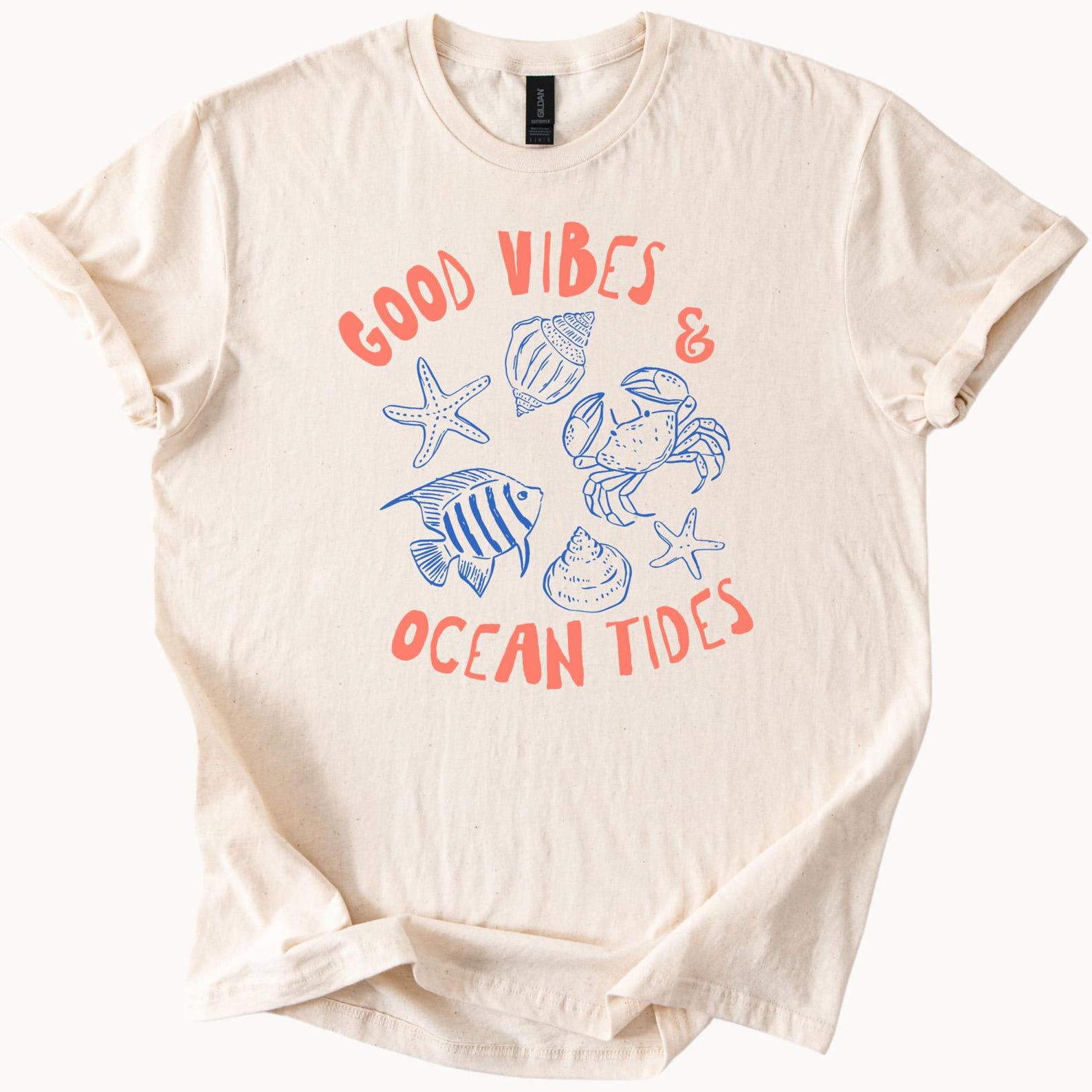 Good Vibes Ocean Tides Beach Graphic Tee with Starfish Crab Seashells and Tropical Fish Summer Coastal Shirt 110