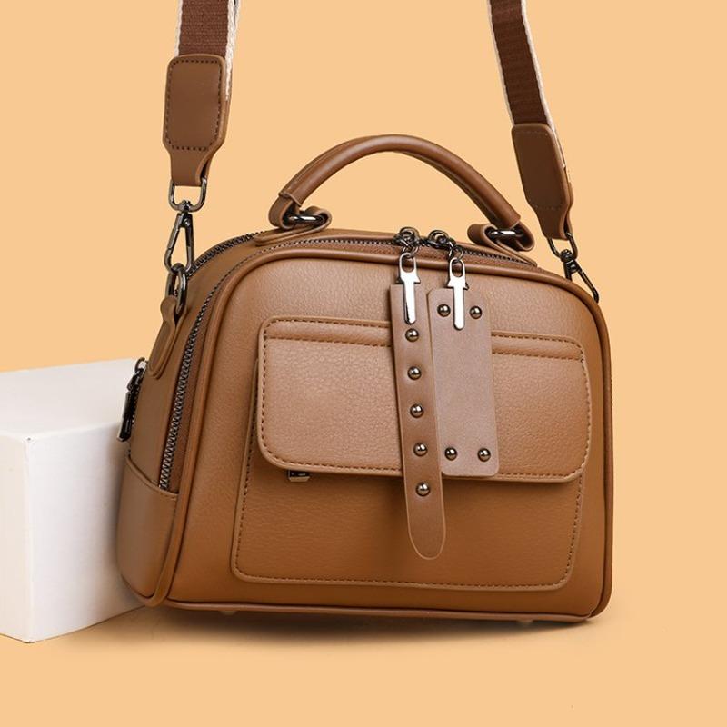 Klassische kleine Leder-Umhängetasche Vintage Boston Bag mit Reißverschluss und Nieten-Details Ideal für den täglichen Gebrauch, Arbeit, Einkaufen und Treffen mit Freunden