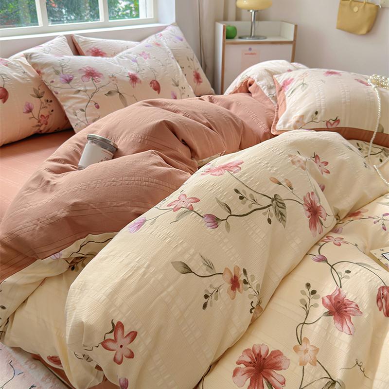 Floral Print French Style Bedding Set Bubble Cotton Duvet Cover Set Washed Cotton Flat Sheet Set Queen For Girl Decor Home