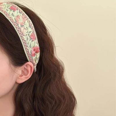 1 ks Růžová Boho Květinová Čelenka Výšivka Široká Vlasová Páska, Bohemia Vintage Etnický Styl pro Ženy Dívky Vlasové Doplňky