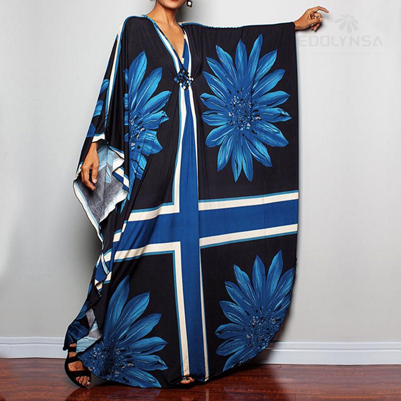 2022 Potisk přikrývky Sexy Hluboké letní plážové šaty s výstřihem do V Tunika Kaftan Ženy Plážové oblečení Plavky Zahalovací župan De Plage Q1289