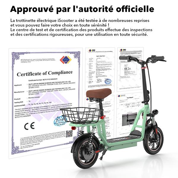 iScooter Electric Scooter I12 25KM/H 500W 7.5Ah 12 Inch Pneumatic Road Tire 30-35KM Range with Basket GREEN Color