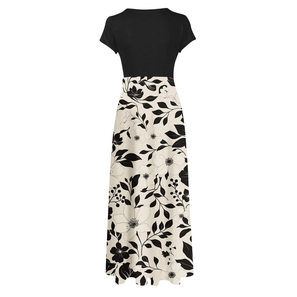 Women's Fashion Casual Loose Printed Round Neck Short Sleeve Long Dresses Short Sleeve Long Dresses