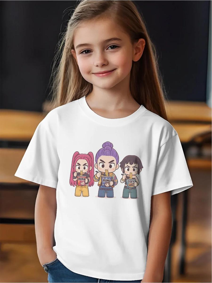 

Винтажная футболка с принтом KPop Demon Hunters, аниме, футболка с коротким рукавом, летняя рубашка для девочки и мальчика, повседневные топы 120 белый