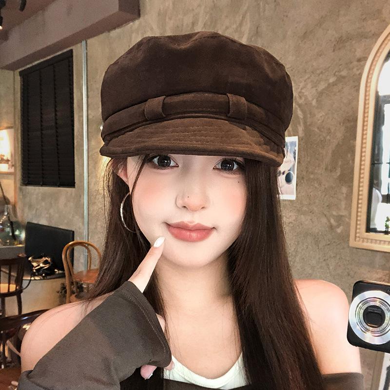 New-Retro Suede Beret Hat For Women Flat Top Newsboy Cap Autumn Winter Briti Sle Casual Foldable Warm Hat