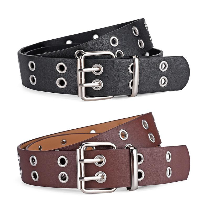 Fashionable Womens Faux Leather Belt With Chic Double Row Eyelets And Chain