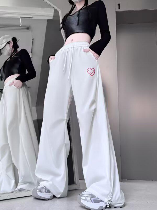 

Women s Summer 2025 Quick-Dry Hip Hop Street Style Wide-Leg Pants with Love Heart Design XL белый