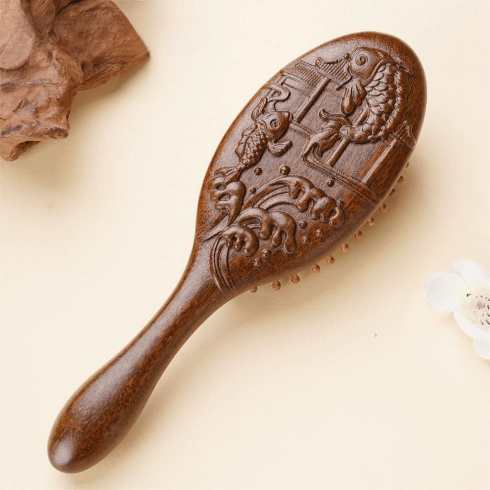 New High Quality Hand Carved Sandalwood Comb Oval Shape Wooden Air Cushion Comb Styling Brush Fine-Toothed Scalp Massage Brush