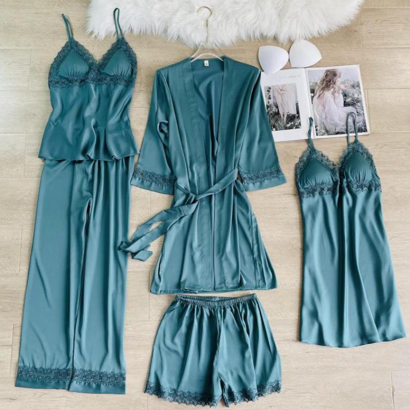 5-częściowy zestaw piżamowy Piżamy Wiosna i Jesień Nowy Styl Damskie Piżamy Długi Rękaw Odzież Domowa Koronka Satyna Odzież Domowa Bielizna