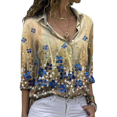 Camicia Casual da Donna a Maniche Lunghe con Scollo a V, Stampa Floreale, Camicia a Maniche Lunghe con Revers, Primavera ed Estate