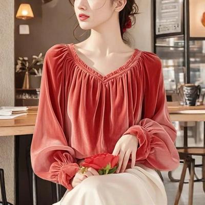 Bella Camicia Monocolore da Donna per Primavera e Autunno Semplice Scollo a V Elegante Top da Pendolare
